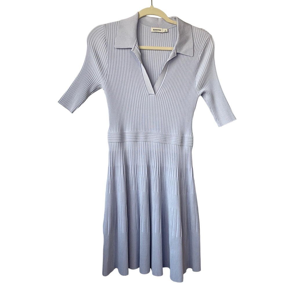 SIMKHAI Patricia Ribbed Knit Polo Collar Mini‎ Dress Blue Haze Size M